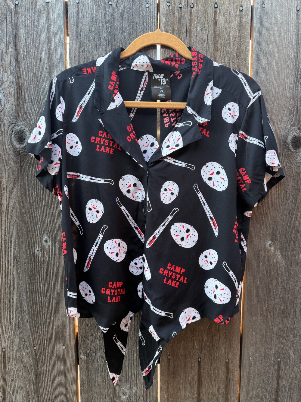 Spirit Halloween Friday the 13th Jason Voorhees Tie Front Shirt L